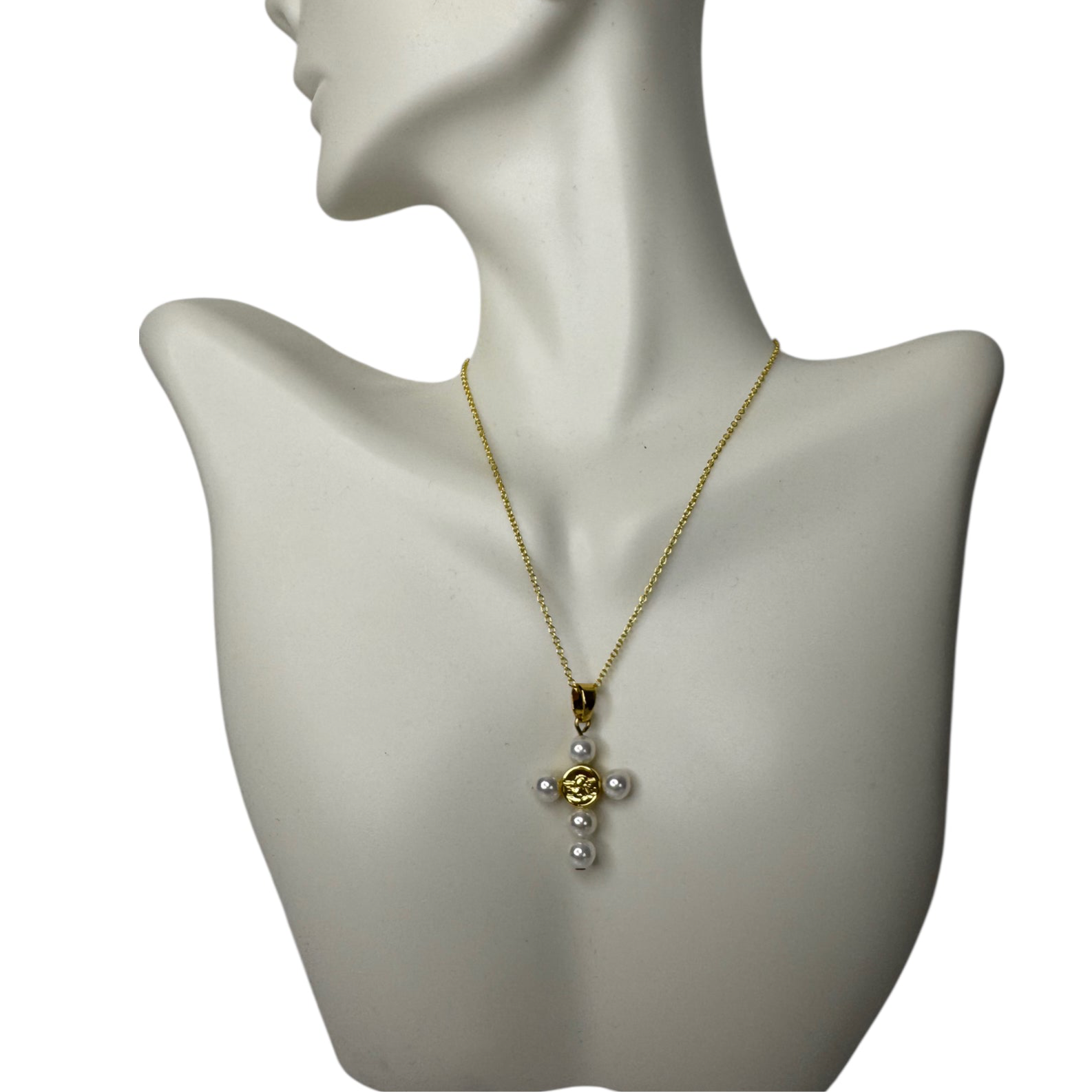 Round Pearl Cross Necklace